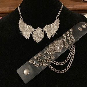 Heart With Angel Wings Choker with leather infinity bracelet